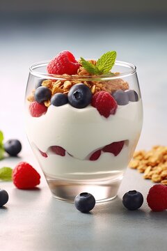 Breakfast parfait made from Greek yogurt and granola topped with fresh berries Generative AI