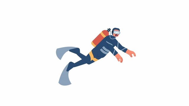 Male scuba diver swimming 2D character animation. Snorkeling man. Diving class flat cartoon 4K video, transparent alpha channel. Snorkeler with air supply animated person on white background