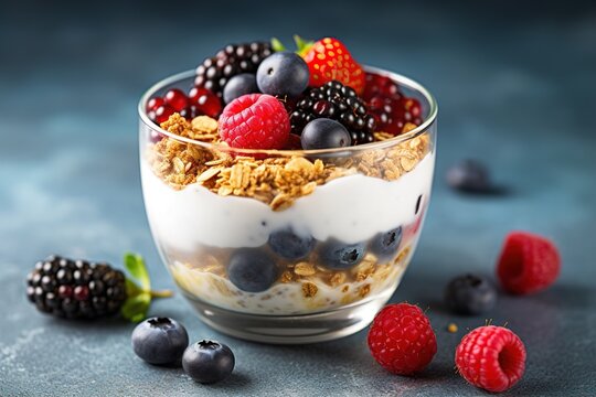Breakfast parfait made from Greek yogurt and granola topped with fresh berries Generative AI