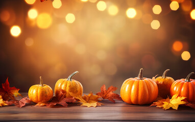 Naklejka na ściany i meble Autumn festival decor composition with pumpkins and maple leaves on dark bokeh lights orange background with copy space. Wooden table. Halloween concept. Cozy home.