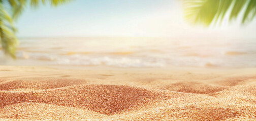Beautiful background for summer vacation and travel. Golden sand of tropical beach, blurry palm...