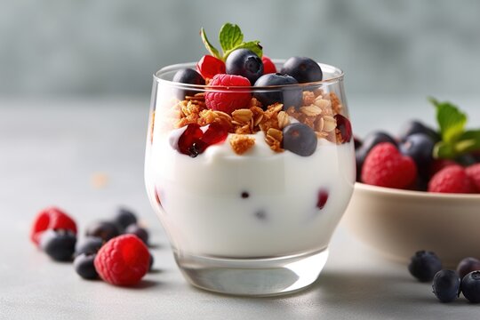 Breakfast parfait made from Greek yogurt and granola topped with fresh berries Generative AI