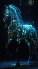 Obraz na płótnie Canvas A blue light glow horse in the dark background.
