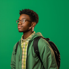 Fototapeta premium Black student on a green background. Back to school. Generative AI.
