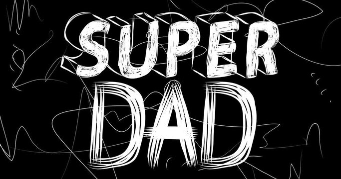 Super Dad word animation of old chaotic film strip with grunge effect. Busy destroyed TV, video surface, vintage screen white scratches, cuts, dust and smudges.