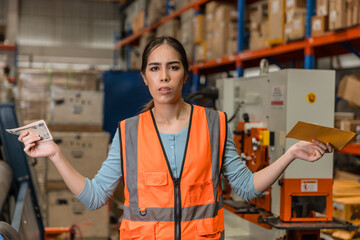 Female labor engineer showing dissatisfaction with salary received. employee industry worker...