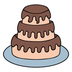 Cake. Three tiered dessert on a blue platter. Festive biscuit treat covered with flowing chocolate icing. Color vector illustration. Cartoon style. Isolated background. Idea for web design.