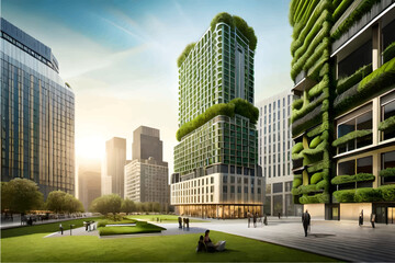 Abstract background with green skyscrapers. Futuristic eco skyscraper.