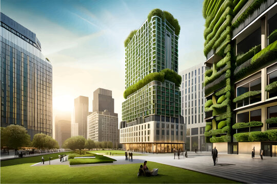 Abstract Background With Green Skyscrapers. Futuristic Eco Skyscraper.