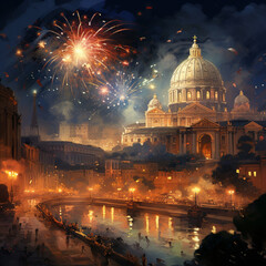 Fototapeta premium Rome with fireworks. Generative AI.