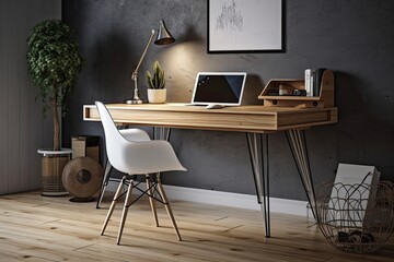 A wood desk and white designer chair are used in a workspace that is part of a very light living area. Generative AI