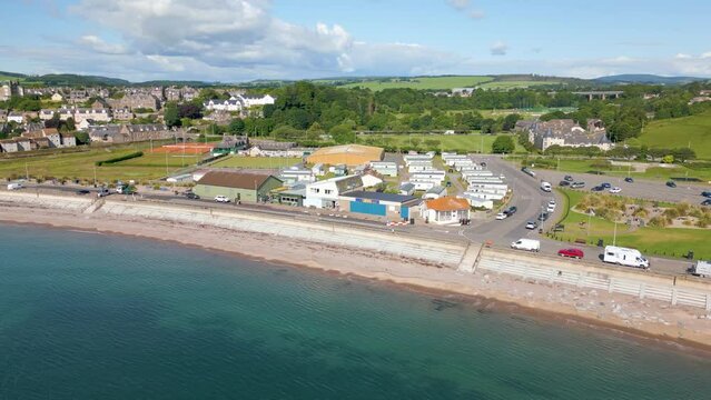 Aerial drone video of the coastal town Stonehaven in Scotland