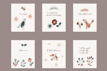 Fototapeta na wymiar Affirmation cards with birds, butterflies, and flowers. Positive quotes, phrases, and sayings. Hand-drawn vector illustration.