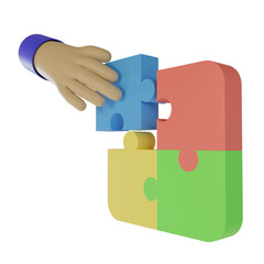 3d render of hand and jigsaw icon. concept for problem solving teamwork. puzzle sign