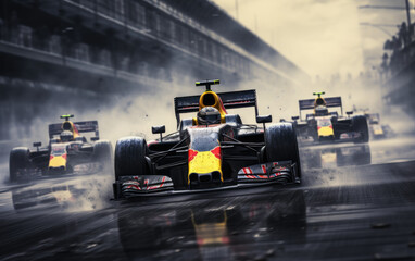 A racing of formula one car on the tracks at the stadium. - obrazy, fototapety, plakaty