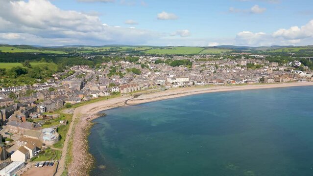 Aerial drone video of the coastal town Stonehaven in Scotland