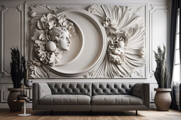 A stylish living room design features a wall sculpture of a cabbage leaf in bas relief. plaster ornaments Interior of a contemporary, luxurious room. Generative AI
