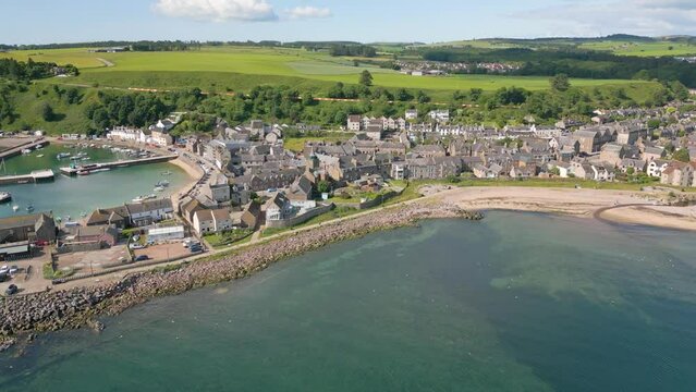 Aerial drone video of the coastal town Stonehaven in Scotland