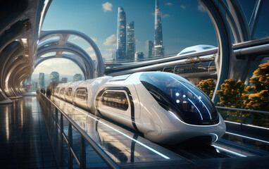 A modern bullet train in the futuristic city.