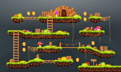 Video game. Elements and objects for computer game. Template for construction game level. Background for arcade game. Vector illustration.