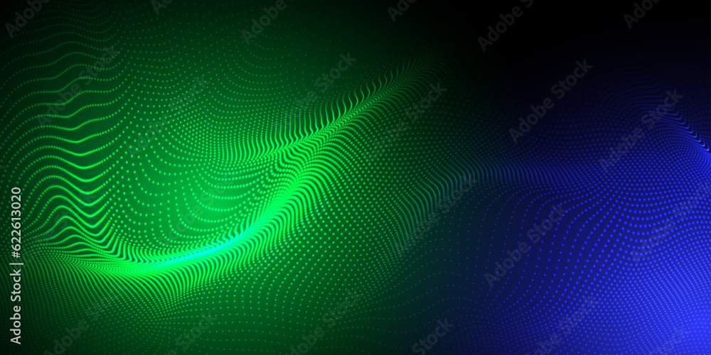 Poster abstract futuristic blue and green wave with moving dots. flow of particles with glitch effect. idea
