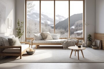 a white room with a sofa and a view of the outdoors. Scandinavian style in decorating. Generative AI
