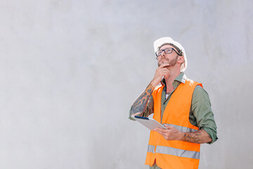 Senior engineer home builder construction worker designer architect standing thinking hand at chin...
