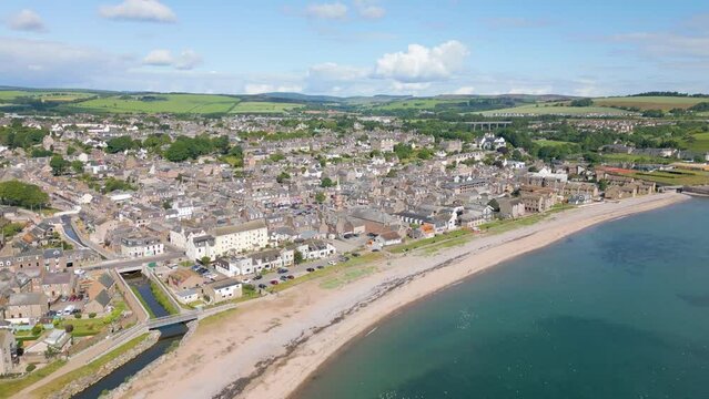 Aerial drone video of the coastal town Stonehaven in Scotland