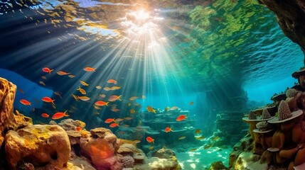 Underwater view of the rocks and coral reef in the Mediterranean Sea.  Beautiful seascape with turquoise sea water. Composition of nature. Beautiful seascape with crystal clear water. 3d render