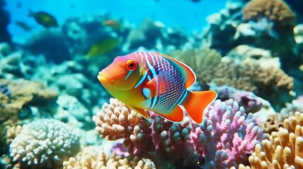 Obraz na płótnie Canvas Tropical fish in the Red Sea. Egypt. Colorful coral reef with tropical fish in the ocean. Underwater world. AI generated illustration. Closeup multicolored tropical fish in crystal clear azure water