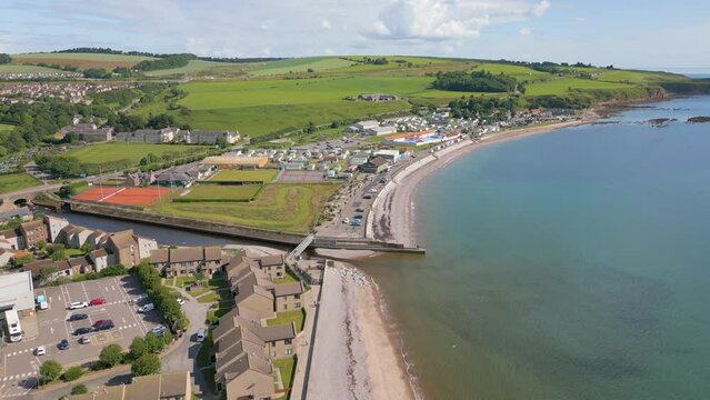 Aerial drone video of the coastal town Stonehaven in Scotland