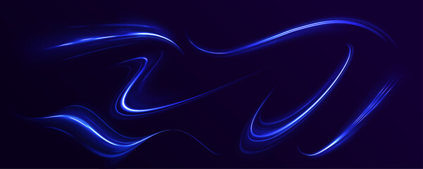 Light motion trails. Light and stripes moving fast over dark background. Laser beams luminous abstract sparkling. High speed effect motion blur, abstract flash perspective vector set on transparent ba