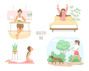 A set of images of subjects that ensure a woman's health. A woman eating healthy food. A woman walking in the fresh air. A woman practicing yoga.  The woman has a good night's sleep.