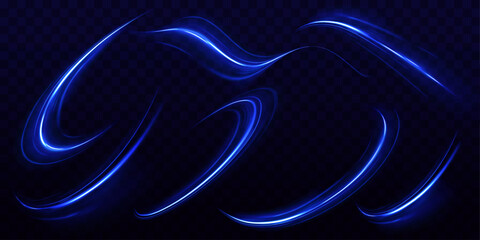 Neon swirl blue line light effect. Modern abstract high-speed light motion effect on black background. Vector laser beams.