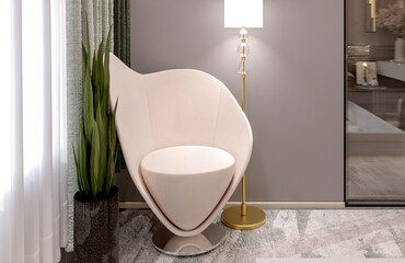 A cozy cream armchair in the bedroom near the base and floor lamp. Visualization. Home interior concept.