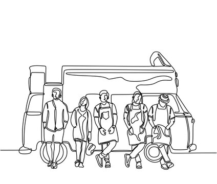 recommend clip art: One line of people group road trip with van. Single line of friends in front of minivan. Continuous line of man and woman standing in front of classic vintage car isolated on white background.