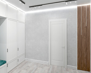 3D visualization of a corridor in the hallway of a modern apartment in white tones. Modern interior design concept