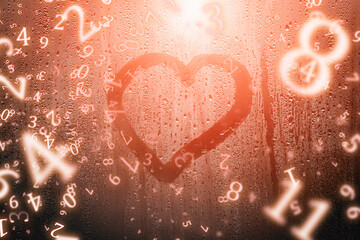 numerology, a heart is drawn on a misted window, surrounded by numbers