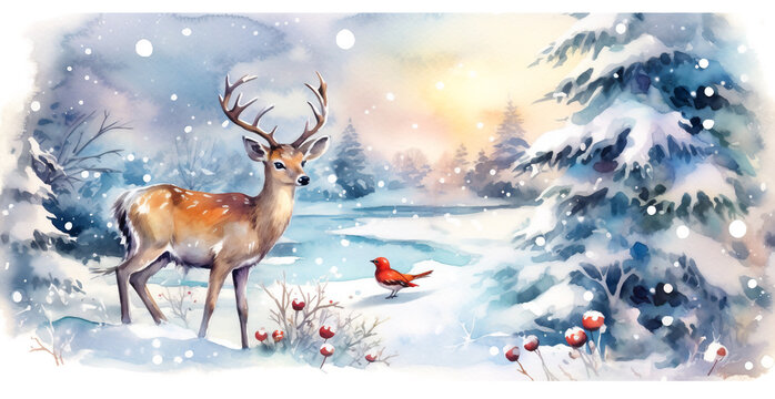 Vintage Christmas New Years greeting card with winter scene in forest with deer red robbin bird fir trees covered with snow. Watercolor illustration. Calm magical mood