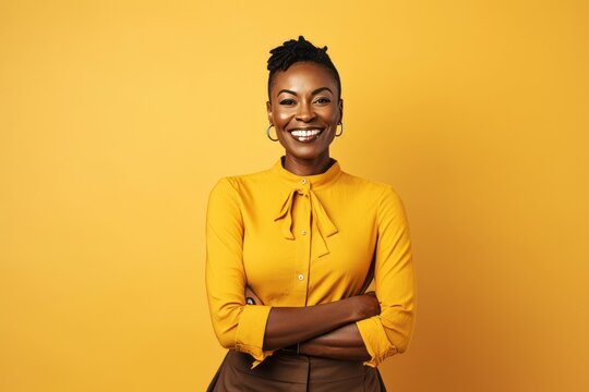 Portrait Of Smiling African American Woman With Crossed Arms Isolated On Yellow Background