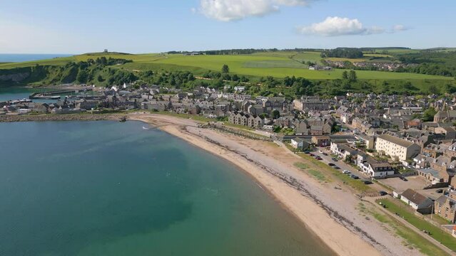 Aerial drone video of the coastal town Stonehaven in Scotland