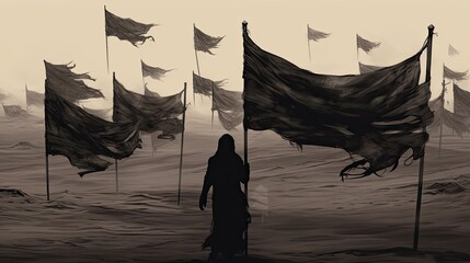 Fantasy illustration of a woman holding a flag in the desert