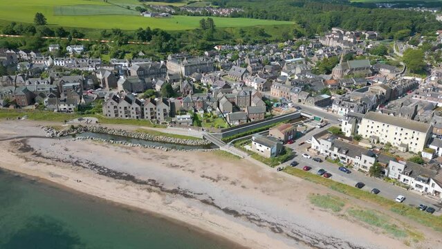 Aerial drone video of the coastal town Stonehaven in Scotland