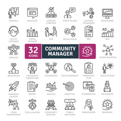  List of icons for community manager tasks such as social network management, data analysis or work team management