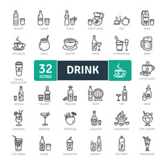  Alcoholic, energy and spirit drinks.Types of Drink. Vector Icons Set.