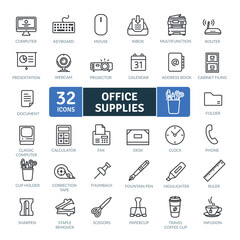  Office Supplies Icons Pack. Thin line icons set. Simple vector icons