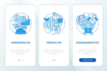 Blue thin line icons representing foreign direct investment mobile app screen set. 3 steps editable graphic instructions, UI, UX, GUI template.