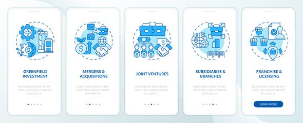 Colorful 2D icons representing foreign direct investment mobile app screen set. Walkthrough 5 steps colorful graphic instructions with linear concepts, UI, UX, GUI template.