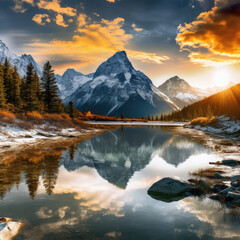 Fototapeta na wymiar Beautiful Sunrise Over Mountain Lake