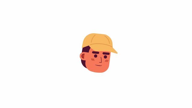 Baseball cap man smiling 2D avatar icon animation. Sporty male. Happy athlete flat cartoon 4K video, transparent alpha channel. Guy rising up head animated person facial expression on white background